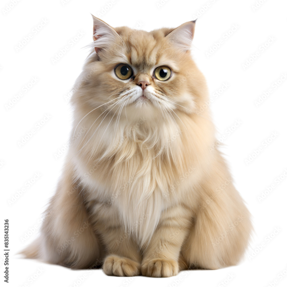 A fluffy Persian cat with a serious expression sits A fluffy Persian cat with a serious expression sits