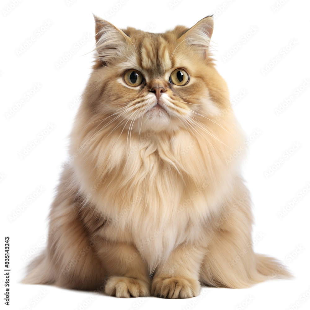 A fluffy Persian cat with thick fur sits attentively indoors, looking directly at the camera A fluffy Persian cat with thick fur sits attentively indoors, looking directly at the camera