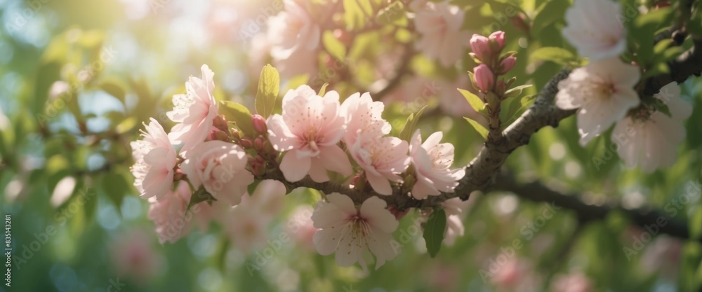 Obraz premium Blooming almond tree in green thickets with rays of bright spring sun through branches in nature.
