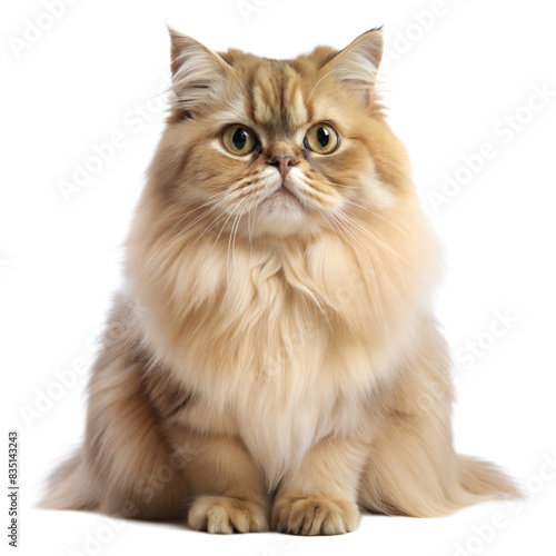 A fluffy Persian cat with thick fur sits attentively indoors, looking directly at the camera