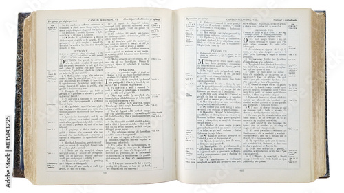 Top view open new testament bible isolated photo