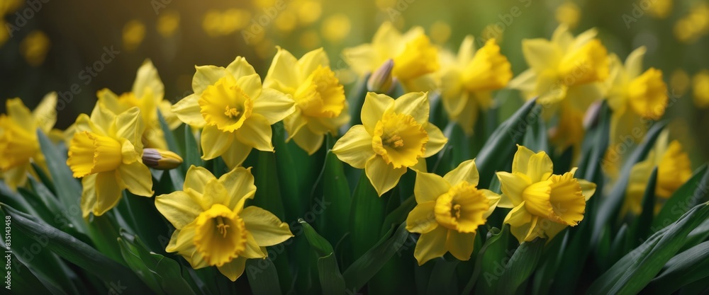 Fototapeta premium Beautiful bouquet of yellow daffodils flowers and butterfly on natural green-yellow background close-up outdoors Elegant refined image of beauty of nature.