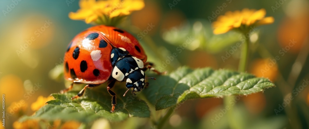 Ladybug on beautiful fluffy unusual plants flower summer spring outdoors Beauty Insect on glowing flower close-up macro on golden blurred background Best unusual amazing artistic image. Ladybug on beautiful fluffy unusual plants flower summer spring outdoors Beauty Insect on glowing flower close-up macro on golden blurred background Best unusual amazing artistic image.