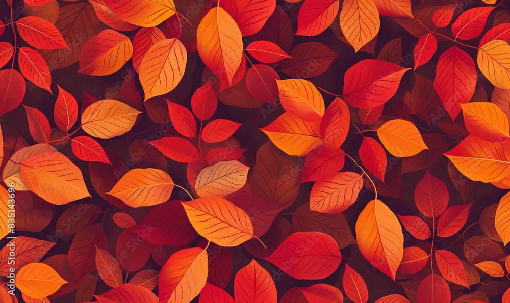 A seamless pattern of autumn leaves in red, orange and yellow colors. The background is filled with various shades of fall foliage. Each leaf has detailed textures that give it a realistic appearance A seamless pattern of autumn leaves in red, orange and yellow colors. The background is filled with various shades of fall foliage. Each leaf has detailed textures that give it a realistic appearance