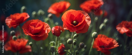 Beautiful red flowers and buds of poppies in spring in the outdoors in the summer evening Bright elegant expressive artistic image  the soft blurred dark background close-up macro.