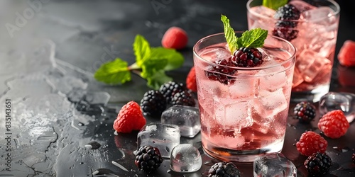 Two pink gin cocktails with wild berry tonic ice berries and mint. Concept Cocktail Recipes, Pink Gin, Wild Berry Tonic, Ice Berries, Mint Garnish