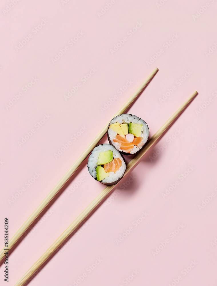 Minimal concept. Sushi rolls and chopsticks, isolated on pink background. Top view. Flat lay Minimal concept. Sushi rolls and chopsticks, isolated on pink background. Top view. Flat lay
