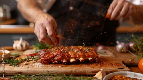 A chef seasoning pork ribs with a dry rub mixture before grilling, with spices and herbs scattered on a cutting board in a kitchen.