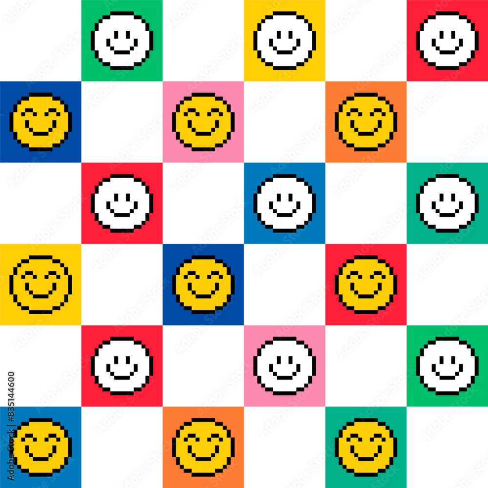 Pixel art emoji seamless pattern. Happy faces. Fun and colorful design. Smile icons. Cute emoji. 8-bit retro style vector illustration. Mood of 90's aesthetics. Ideal for summer and positive projects Pixel art emoji seamless pattern. Happy faces. Fun and colorful design. Smile icons. Cute emoji. 8-bit retro style vector illustration. Mood of 90's aesthetics. Ideal for summer and positive projects