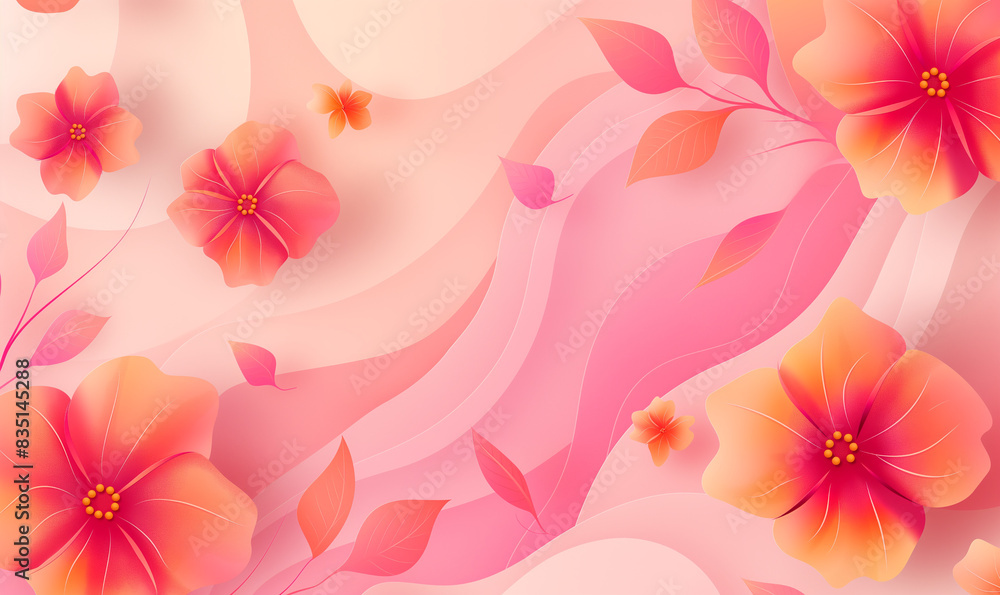 Obraz premium Abstract background with pink and orange shapes, pink leaves pattern, light red abstract background, vector illustration, pink floral patterns, light maroon color scheme, pink flowers, orange petals