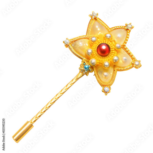 Golden magic wand with star-shaped decoration, red gemstone center, and pearl accents on a transparent background