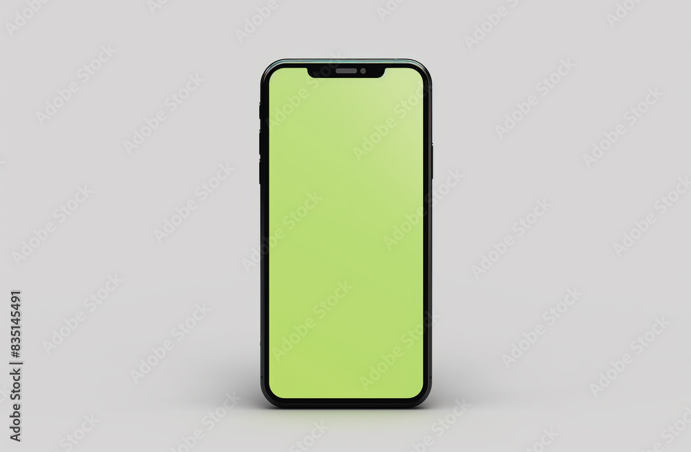 A green screen of an smartphone with black frame, front view, white background, simple, flat illustration, vector design, 3D rendering, high resolution