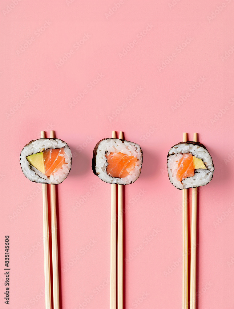 Minimal concept. Sushi rolls and chopsticks, isolated on pink background. Top view. Flat lay Minimal concept. Sushi rolls and chopsticks, isolated on pink background. Top view. Flat lay