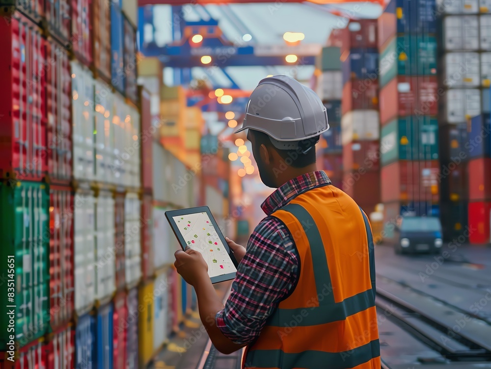 Innovation technology in logistics is illustrated by a manager controlling cargo distribution with a tablet, emphasizing the digital future of importexport, high resolution DSLR Innovation technology in logistics is illustrated by a manager controlling cargo distribution with a tablet, emphasizing the digital future of importexport, high resolution DSLR