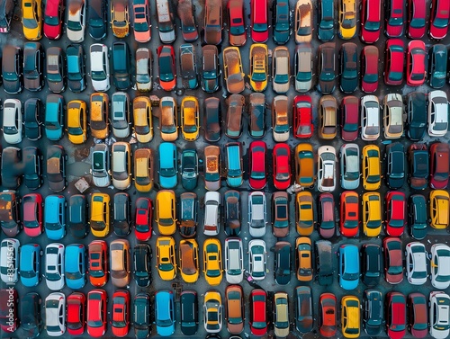 From above, the top view of a sprawling suburban car parking area showcases the variety of cars in different shapes and sizes, high resolution DSLR