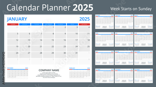 Calendar planner for 2025. Vector Stationery Design Print 2025 Template with Place for Photo, Your Logo and Text. Calendar design 2025