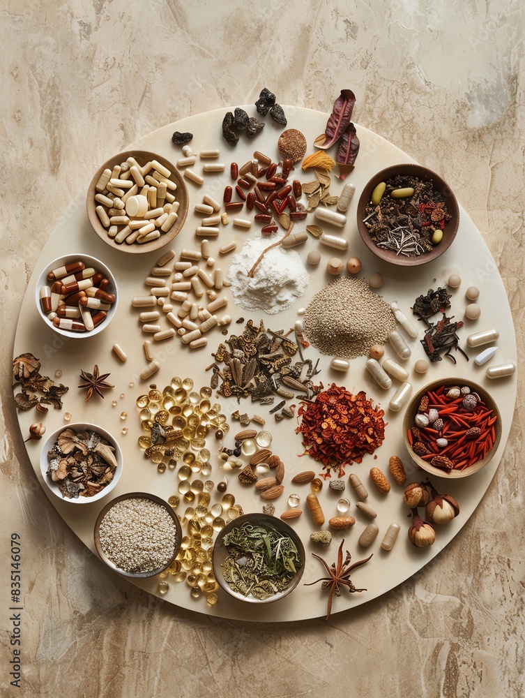 An aerial perspective captures a circle of traditional Chinese medicines arranged on a light brown surface, offering holistic support for wellbeing, high resolution DSLR An aerial perspective captures a circle of traditional Chinese medicines arranged on a light brown surface, offering holistic support for wellbeing, high resolution DSLR