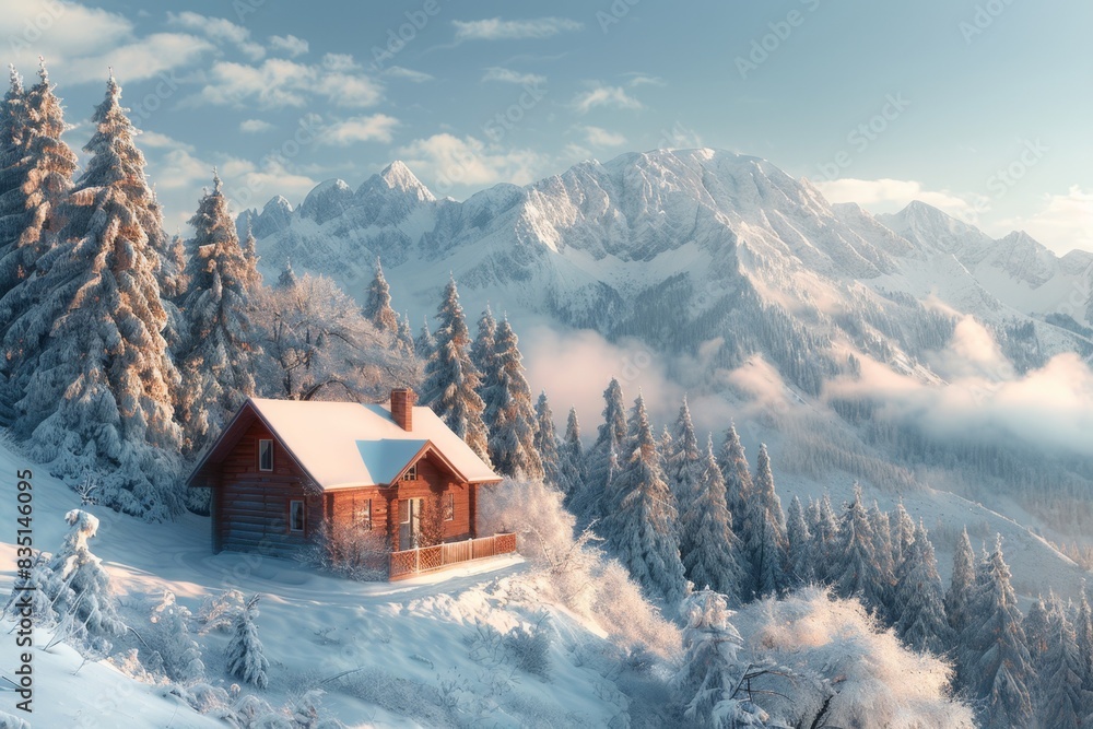 A detailed 4K image of a charming small house located on a hillside, overlooking a range of snow-capped mountains. The scene is peaceful and picturesque, with the house nestled among snowy trees and A detailed 4K image of a charming small house located on a hillside, overlooking a range of snow-capped mountains. The scene is peaceful and picturesque, with the house nestled among snowy trees and