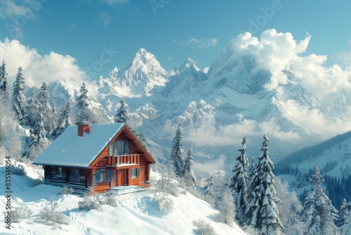 A detailed 4K image of a charming small house located on a hillside, overlooking a range of snow-capped mountains. The scene is peaceful and picturesque, with the house nestled among snowy trees and © kornc