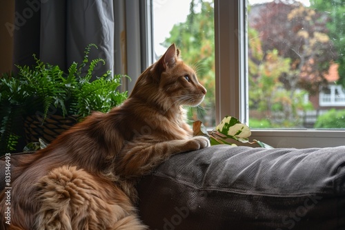 A detailed 4K image of a cat perched on a windowsill and a golden retriever sitting nearby, both gazing out the window. The background includes a lush, green backyard with a bright blue sky, and the