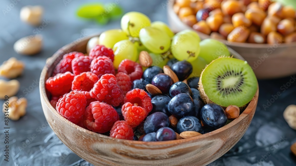 A bowl of fresh fruit with raspberries, blueberries, kiwi, and grapes. A bowl of fresh fruit with raspberries, blueberries, kiwi, and grapes.