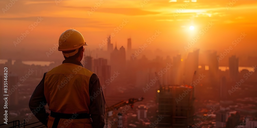 Construction Worker Wearing Yellow Hard Hat at Sunset Cityscape Site. Concept Construction Worker, Yellow Hard Hat, Sunset Cityscape, Site, Outdoor Photoshoot