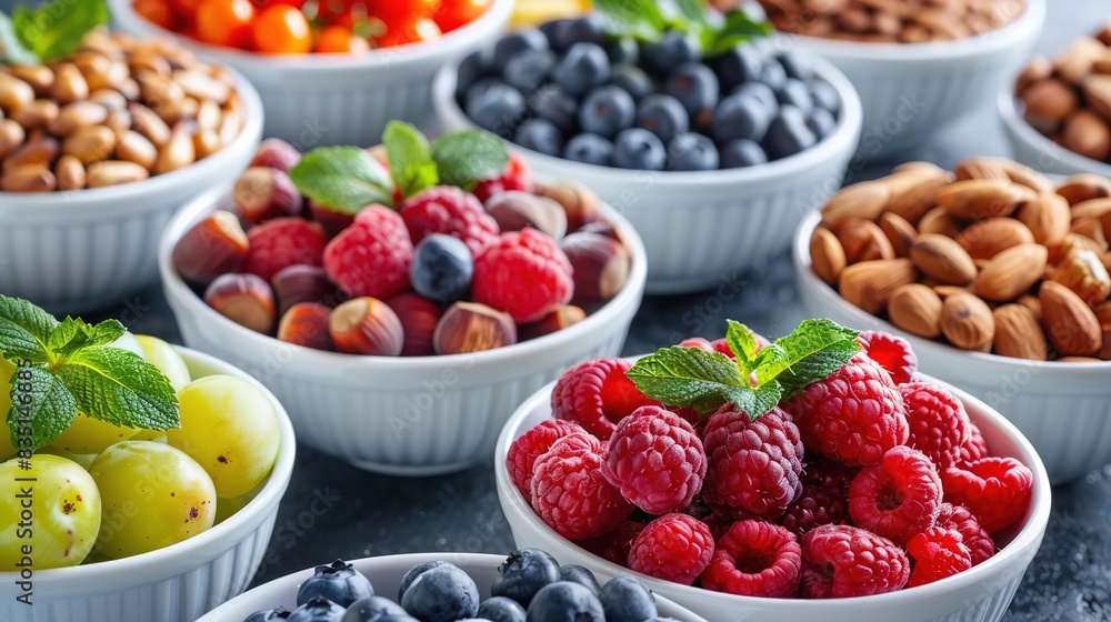 Assortment of fresh berries, nuts and almonds in white bowls. Assortment of fresh berries, nuts and almonds in white bowls.