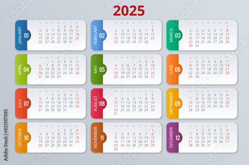 Calendar planner for 2025. Vector Stationery Design Print 2025 Template with Place for Photo, Your Logo and Text. Calendar design 2025
