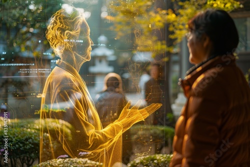 A serene scene featuring a golden AI advisor hologram projected in a garden, interacting with people of different ages and backgrounds, symbolizing wisdom and harmony