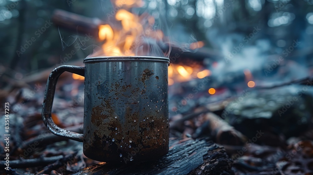 Intimate view of a steaming metal coffee cup, with a roaring campfire providing a warm, inviting backdrop Intimate view of a steaming metal coffee cup, with a roaring campfire providing a warm, inviting backdrop