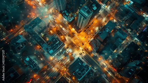 Glowing Cityscape: Aerial Night View of Illuminated Urban Grid and Skyscrapers