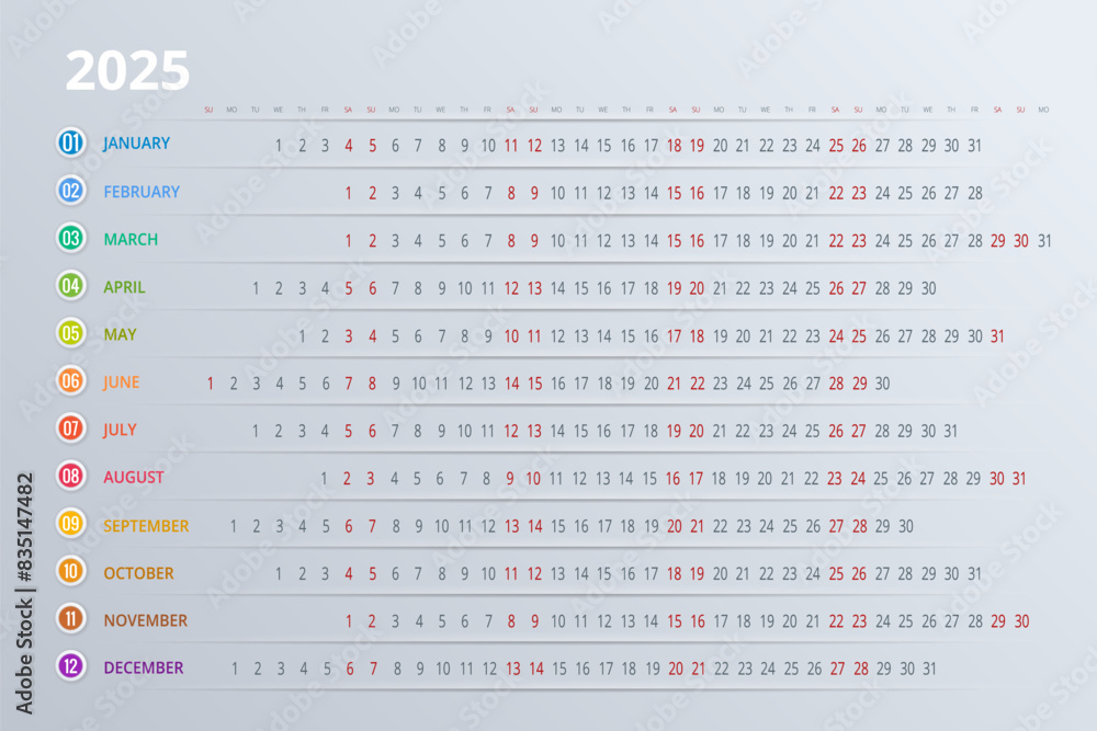 Calendar planner for 2025. Vector Stationery Design Print 2025 Template