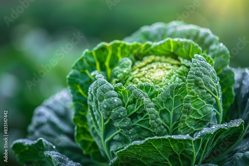 An exquisite photo capturing a close-up view of a prize-winning organic cabbage, highlighting its crisp, green leaves and immaculate growth, set against the backdrop of a thriving farm photo