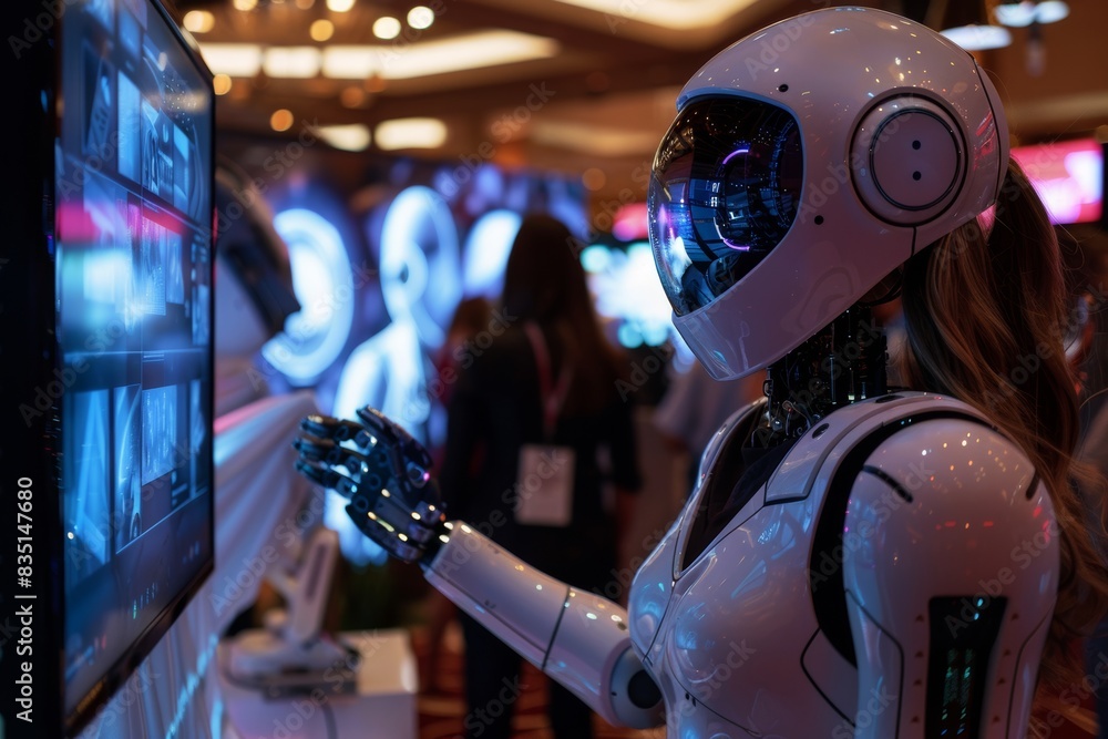 A high-tech conference featuring human-robot surrogates interacting with attendees, showcasing the latest advancements in surrogate technology amidst a backdrop of digital displays and futuristic A high-tech conference featuring human-robot surrogates interacting with attendees, showcasing the latest advancements in surrogate technology amidst a backdrop of digital displays and futuristic