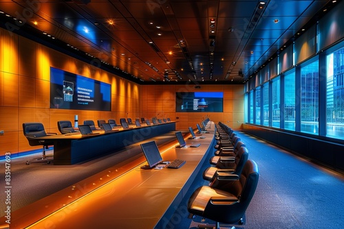A modern conference setting where human-robot surrogates engage in presentations and discussions about technological innovations, surrounded by cutting-edge equipment and sleek design elements photo
