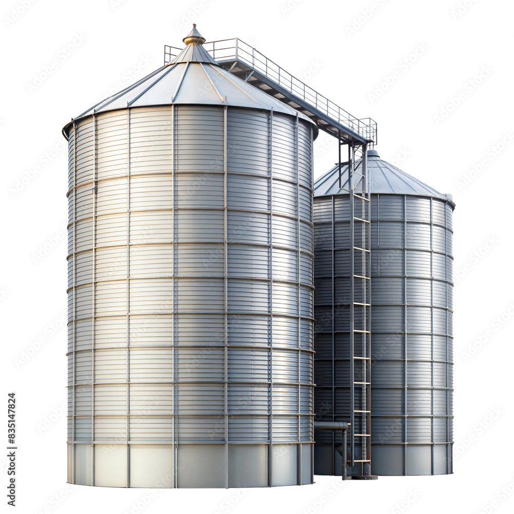 Two connected metal grain silos Two connected metal grain silos