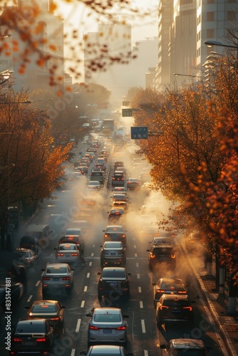Urban Traffic Pollution: Cars Emitting Exhaust, Highlighting Environmental Concerns and Air Quality Issues