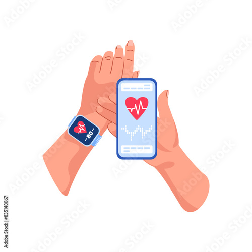 The smartwatch measures and displays normal heart rate readings. Smartphone applications, heart rhythm. Cardio journal, blood pressure diary. Improving quality of life. a device for measuring bp. © Любовь Кондратьева