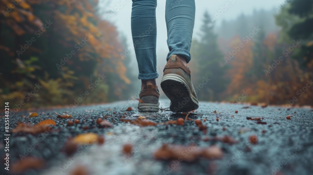 High-definition close-up of a person walking on a road, just before reaching a fork, focus on the ground and their legs High-definition close-up of a person walking on a road, just before reaching a fork, focus on the ground and their legs