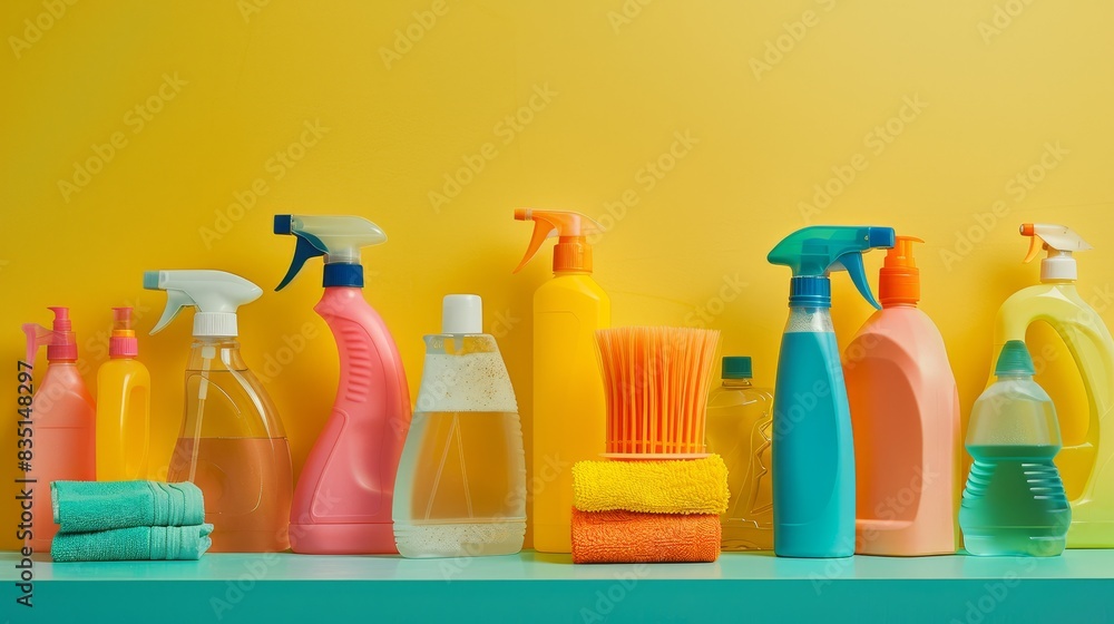 Display of cleaning tools like gels sprays and gloves for housecleaning Display of cleaning tools like gels sprays and gloves for housecleaning