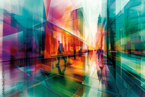 brightly colored photograph of people walking in a city with buildings