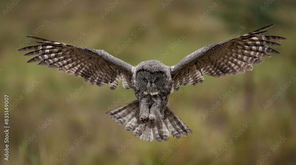 Fototapeta premium Great grey owl hunting in the Rocky Mountains