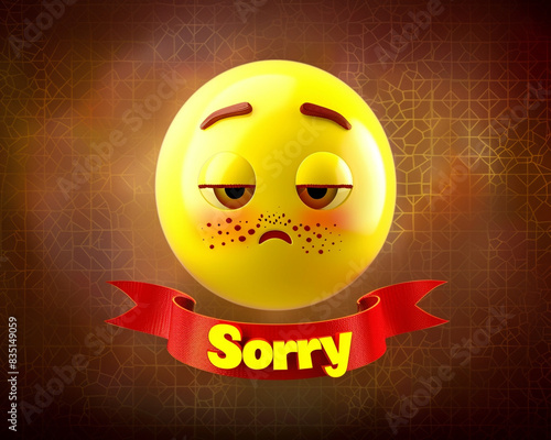 Generate a 3D opulent yellow emoji with a rueful look, highlighted by a red ribbon banner stating 