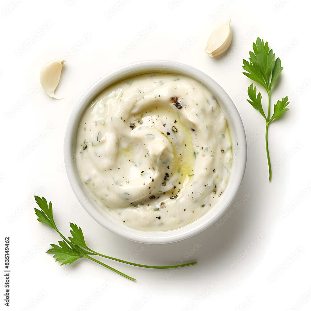 Garlic dip isolated on white background, top view Garlic dip isolated on white background, top view
