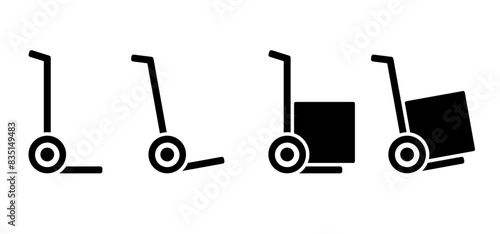 Heavy lifting, unloading cargo, easy transport service and storage. Hand trolley or hand truck. Cartoon industrial tool for manual moving boxes. Baggage transportation. magazine, platform trolley