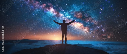 A man stands on a mountain top, looking up at the stars