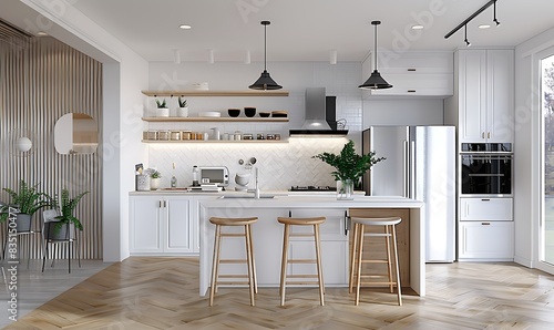 Fototapeta Naklejka Na Ścianę i Meble -  Modern Contemporary kitchen room interior .white and wood material 3d render