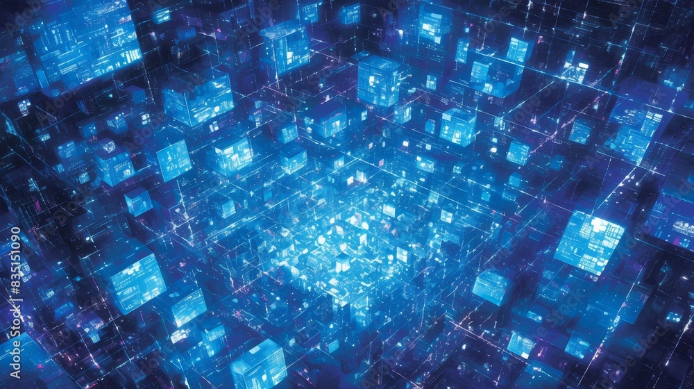 Futuristic Glowing Blue Digital Grid with Cubes Futuristic Glowing Blue Digital Grid with Cubes