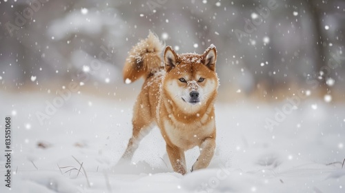 Pedigreed brown Shiba Inu dog showcasing its beauty while strolling across a snow covered field © TheWaterMeloonProjec