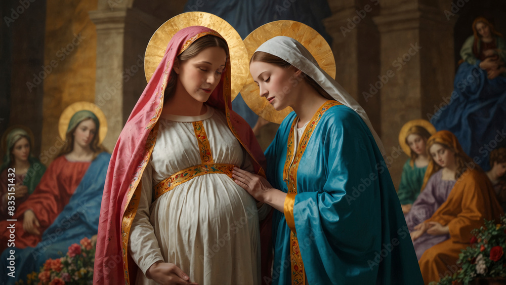 Naklejka premium The Visitation: Holy Motherhood of the Blessed Virgin Mary with the Christ Child in Her Womb and Her Pregnant Cousin Elizabeth.